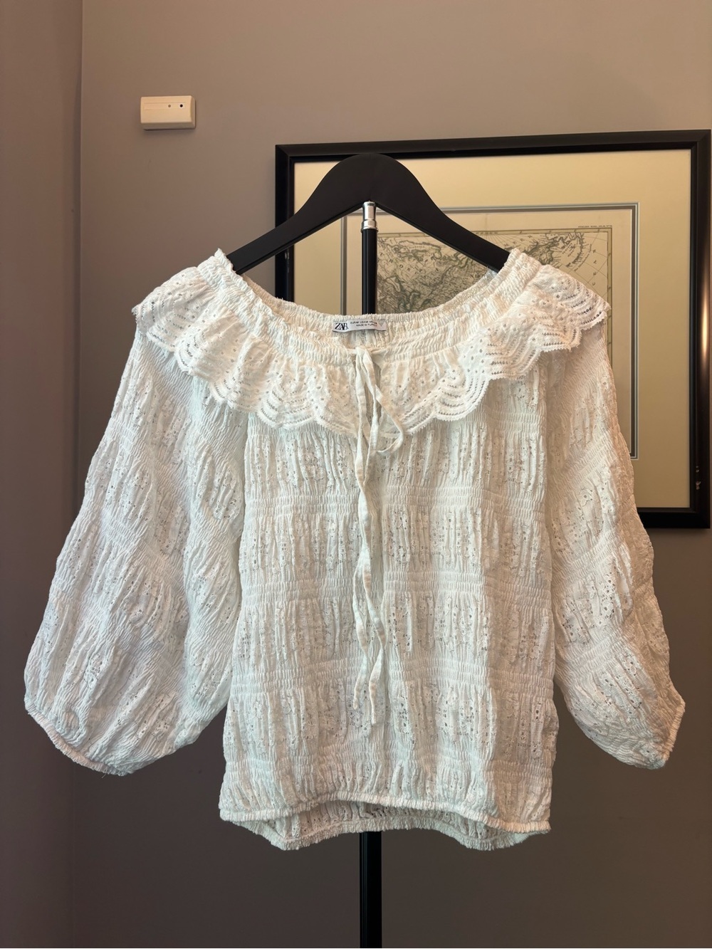 Zara White Crochet-Trim Peasant Blouse